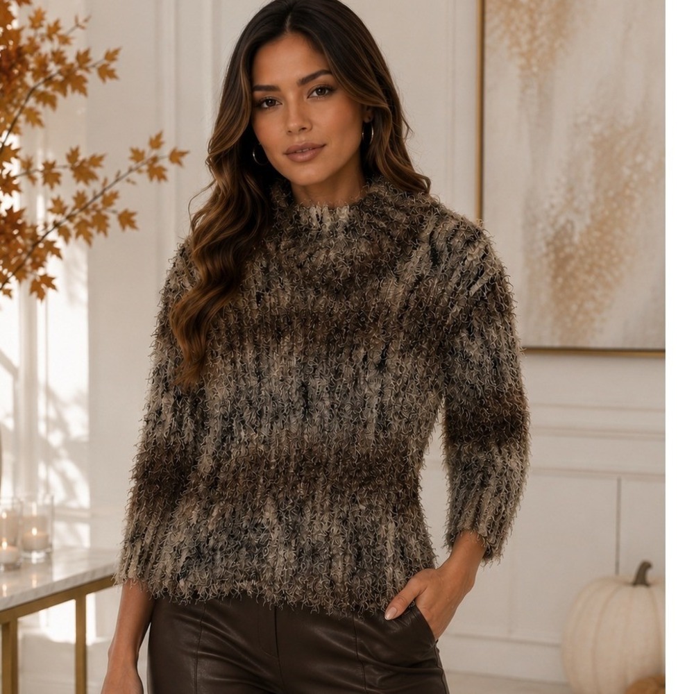 Jacobson's Vintage Eyelash Knit Sweater Brown Black Fuzzy Mock Neck Large